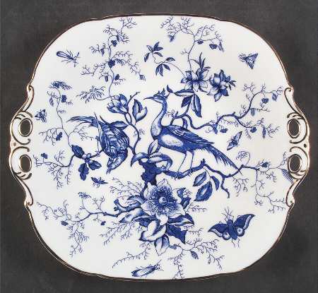 Cairo Blue On White (Not Raised, Gold) Square Handled Cake Plate