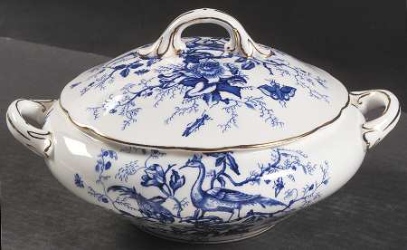 Cairo Blue On White (Not Raised, Gold) Round Covered Vegetable