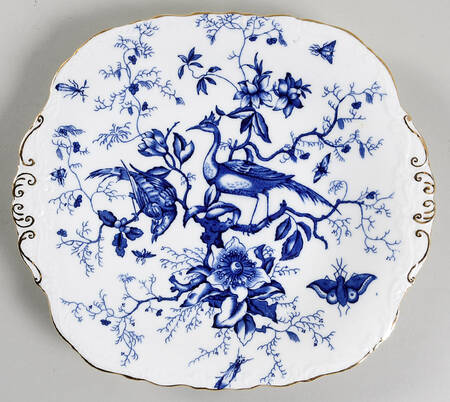 Cairo Blue On White (Raised Edge, Gold) Square Handled Cake Plate