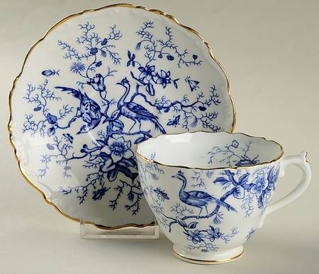 Cairo Blue On White (Raised Edge, Gold) Footed Cup & Saucer Set