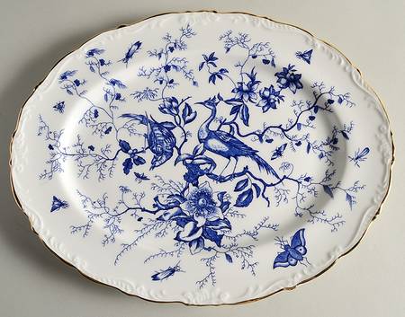 Cairo Blue On White (Raised Edge, Gold) 13" Oval Serving Platter