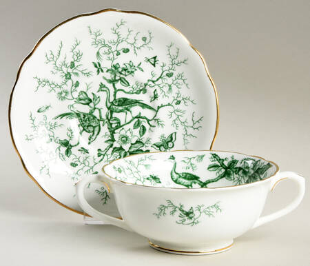 Cairo Green on White (Gold) Footed Cream Soup Bowl & Saucer Set