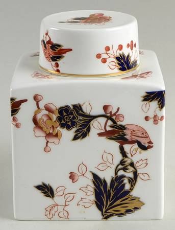 Hong Kong (New Backstamp, Mauve Flowers) Tea Caddy & Lid