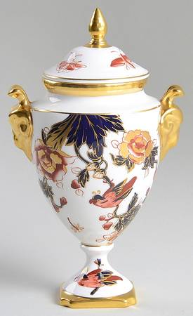 Hong Kong (New Backstamp, Mauve Flowers) Covered Vase with Ram's Head Handles