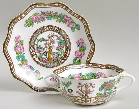 Indian Tree Multicolor (Scalloped, Older) Footed Cream Soup Bowl & Saucer Set