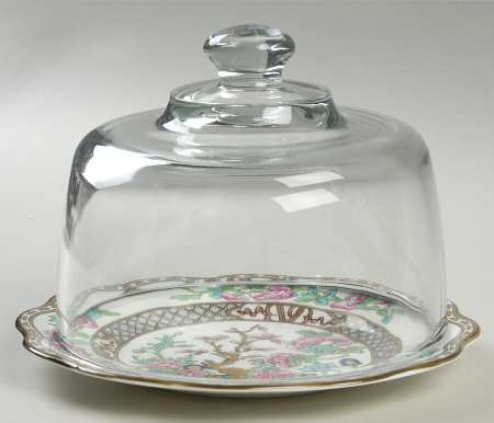 Indian Tree Multicolor (Scalloped, Older) 6 1/2"-7 1/2" Footed Cheese Plate w/ Glass Dome HC