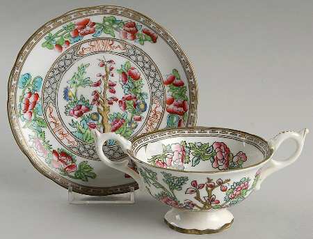 Indian Tree Multicolor (Scalloped, Older) Footed Cream Soup Bowl & Saucer Set