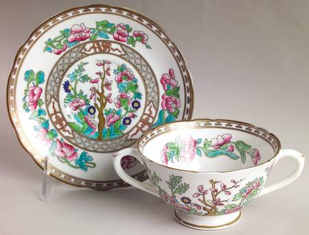 Indian Tree Multicolor (Semi Scalloped) Footed Cream Soup Bowl & Saucer Set by Coalport