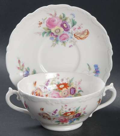 Old Coalport (Bone, No Trim, Shallow Scallop) Footed Cream Soup Bowl & Saucer Set by Coalport