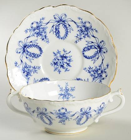 Queensbury Blue (Scalloped) Footed Cream Soup Bowl & Saucer Set