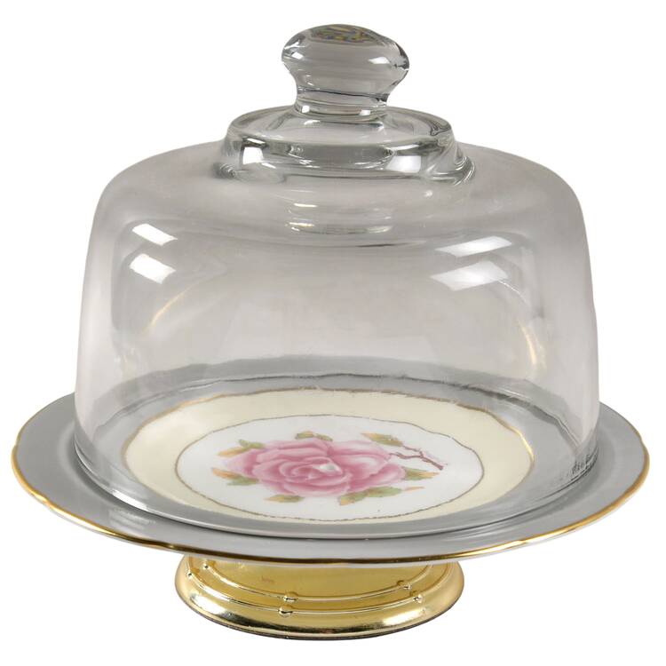 Romance (Gray Rim) 6 1/2"-7 1/2" Footed Cheese Plate w/ Glass Dome HC
