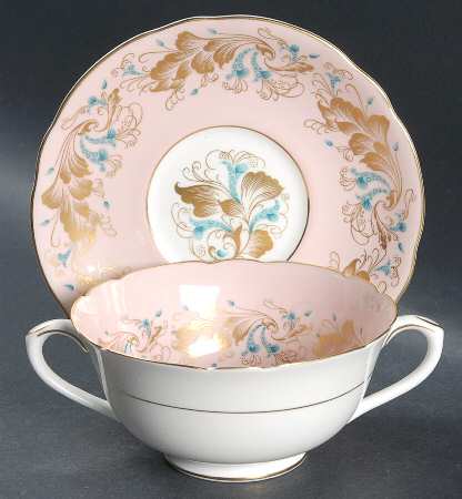 Strange Orchid (Pink & White Background) Footed Cream Soup Bowl & Saucer Set by Coalport
