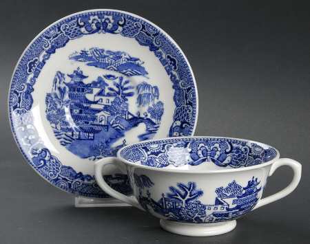 The Willow Blue (Newer, Bone) Footed Cream Soup Bowl & Saucer Set