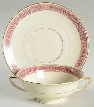 Coronation (Red Border) Footed Cream Soup Bowl & Saucer Set