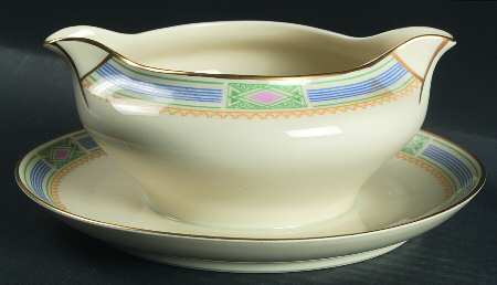 Noblesse (Geometric Design with Blue Lines) Gravy Boat with Attached Underplate