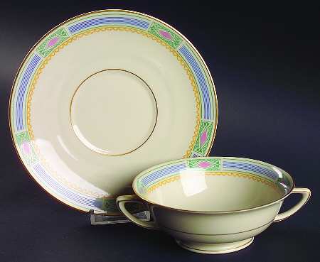 Noblesse (Geometric Design with Blue Lines) Footed Cream Soup Bowl & Saucer Set