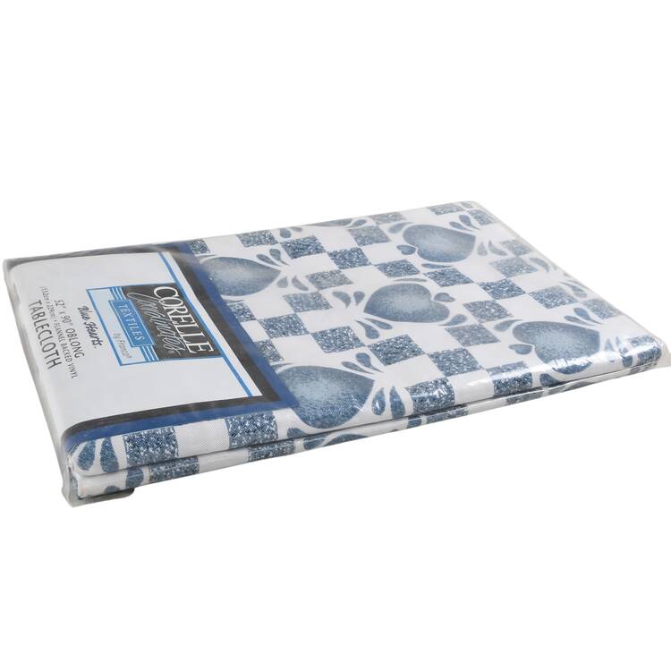 Blue Hearts (Corelle) 90" X 52" Oblong Flannel Backed Vinyl Tablecloth