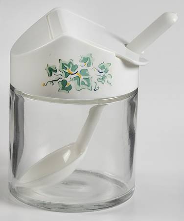 Callaway (Corelle) Glass Sugar Bowl w/Plastic Lid & Spoon