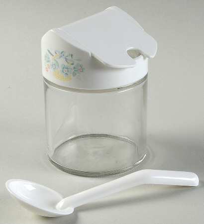 Country Cornflower Glass Sugar Bowl w/Plastic Lid & Spoon