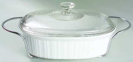 French White 2.5 Qt Oval Covered Casserole W/Glass Lid & Stand