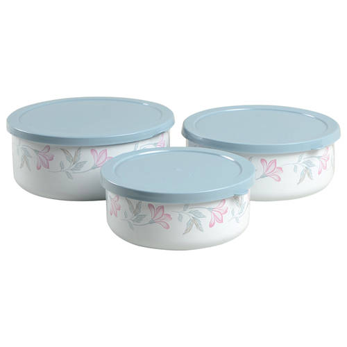 Pink Trio (Corelle) (3 Piece) Metal Bowl W/Plastic Lids (5", 6", 7")