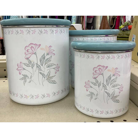 Pink Trio (Corelle) Medium Metal Canister & Wood Lid