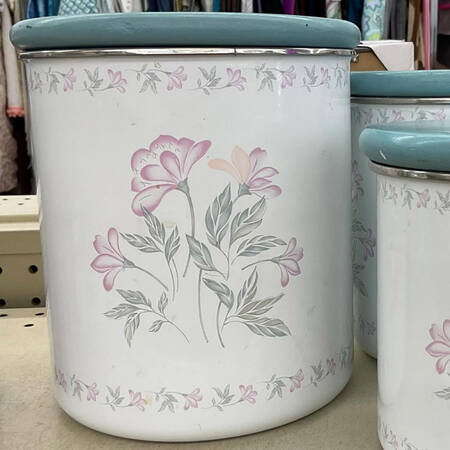 Pink Trio (Corelle) Large Metal Canister & Wood Lid