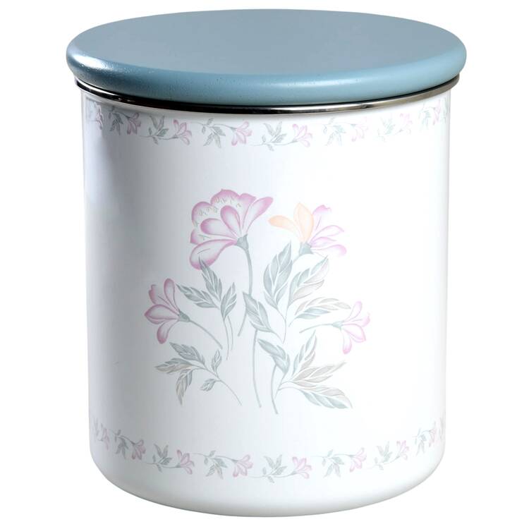 Pink Trio (Corelle) Large Metal Canister & Wood Lid