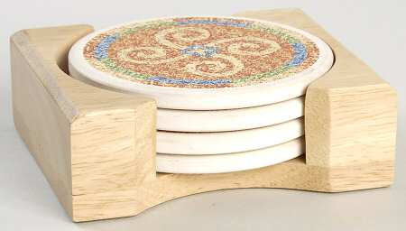 Sand Art (Corelle) Thirst Coaster with Wood Holder - Set of 4