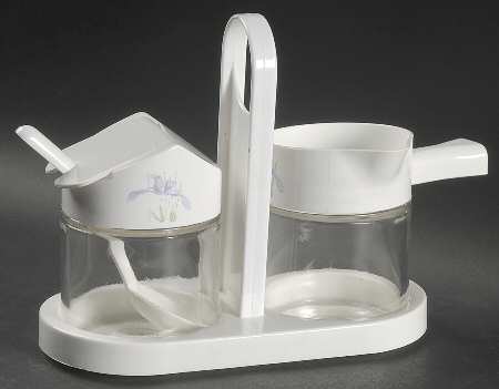 Shadow Iris (Corelle) Glass Creamer & Sugar w/Plastic Lids,Spoon & Tray