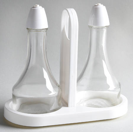 White Coupe Glass Oil/Vinegar Shaker Set W/Plastic Holder