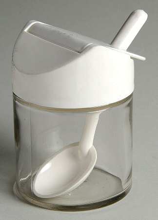White Coupe Glass Sugar Bowl w/Plastic Lid & Spoon