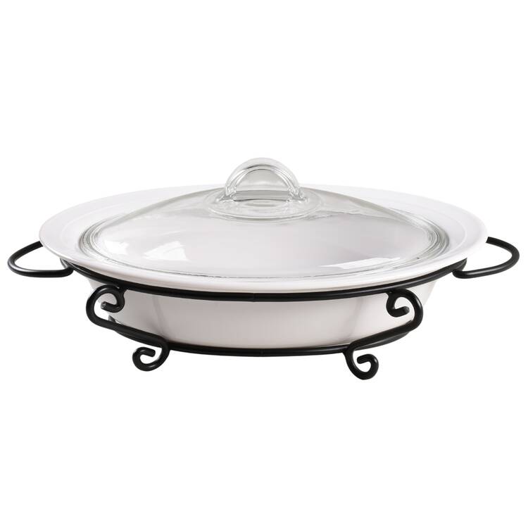 White Flora 2.25 Quart Oval Covered Casserole with Metal Stand