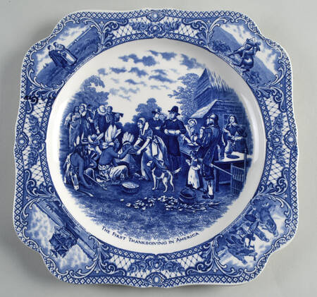 Colonial Times Blue (Floral & Scene Border) 12" Square Chop Plate
