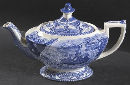 Colonial Times Blue (Floral & Scene Border) Teapot & Lid
