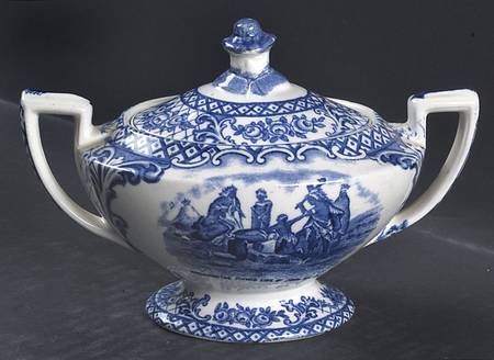 Colonial Times Blue (Floral & Scene Border) Sugar Bowl & Lid