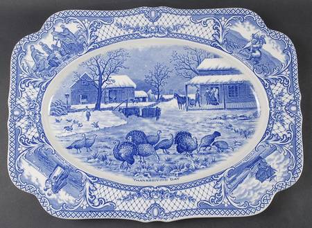 Colonial Times Blue (Floral & Scene Border) 17" Oval Serving Platter