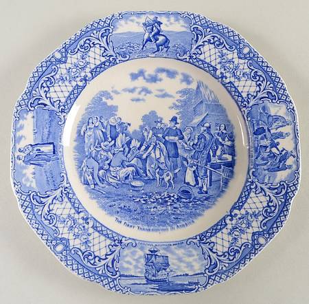 Colonial Times Blue (Floral & Scene Border) Dinner Plate