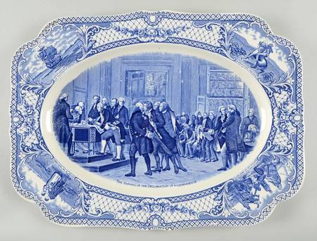 Colonial Times Blue (Floral & Scene Border) 16" Oval Serving Platter