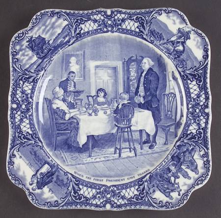 Colonial Times Blue (Floral & Scene Border) Square Luncheon Plate