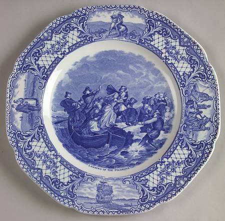 Colonial Times Blue (Floral & Scene Border) Dinner Plate