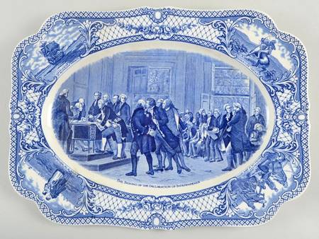 Colonial Times Blue (Floral & Scene Border) 15" Oval Serving Platter