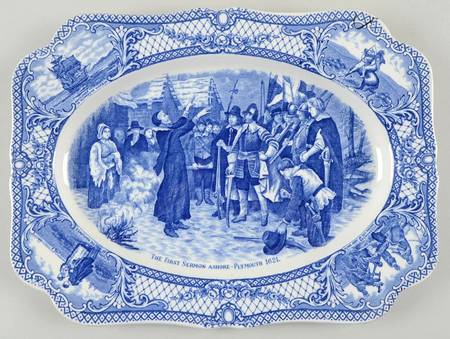 Colonial Times Blue (Floral & Scene Border) 12" Oval Serving Platter