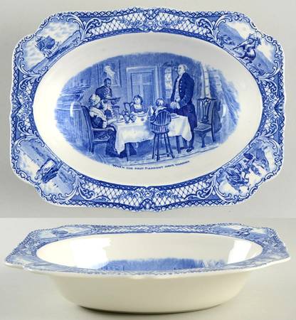 Colonial Times Blue (Floral & Scene Border) 9" Oval Vegetable Bowl