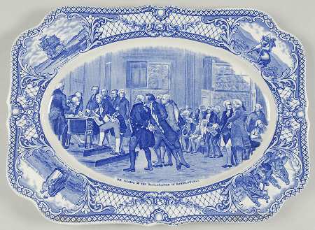 Colonial Times Blue (Floral & Scene Border) 14" Oval Serving Platter