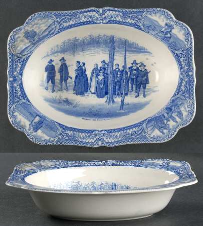 Colonial Times Blue (Floral & Scene Border) 9" Oval Vegetable Bowl