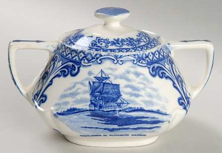 Colonial Times Blue (Floral & Scene Border) Square Sugar Bowl & Lid