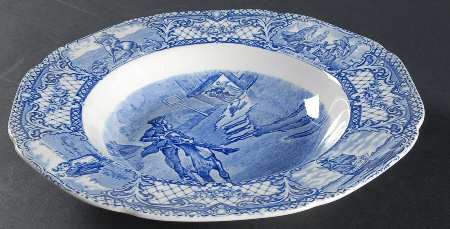 Colonial Times Blue (Floral & Scene Border) Large Rim Soup Bowl