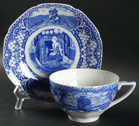 Colonial Times Blue (Floral & Scene Border) Oversized Cup & Saucer Set