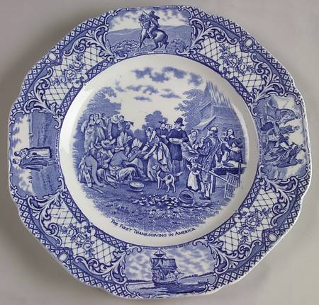 Colonial Times Blue (Floral & Scene Border) Dinner Plate